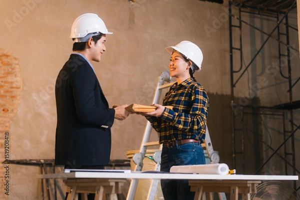Fototapeta Asian male and female engineers examine construction blueprints and review material costs steel and limestone, preparing competitive bid proposal for building project in collaboration with project