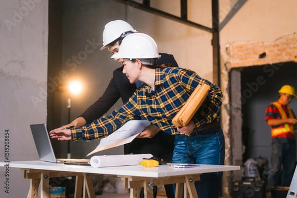 Fototapeta Asian male and female engineers examine construction blueprints and review material costs steel and limestone, preparing competitive bid proposal for building project in collaboration with project