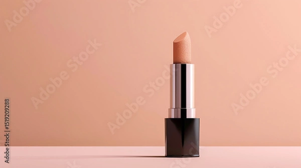 Fototapeta A lipstick tube is the focus of the image, positioned centrally against a peach backdrop. It has been uploaded to the Adobe Stock website.