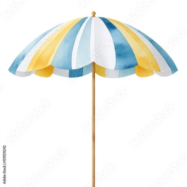 Obraz Summer beach vibes with watercolor yellow and blue stripes umbrella for coastal decor and design