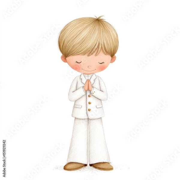 Fototapeta Charming watercolor illustration of a young boy in prayer pose wearing a white outfit, ideal for child-themed designs, religious events, and creative projects