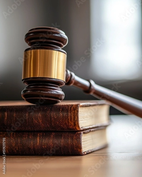 Obraz Elegant wooden gavel resting on stacked legal books in a bright courtroom setting, symbolizing justice and law
