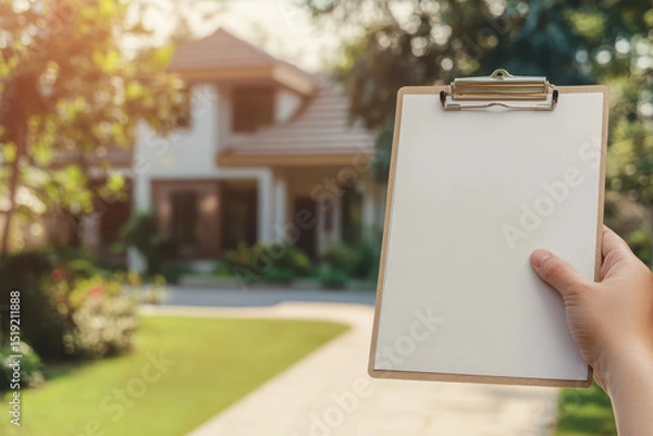 Fototapeta Close-up of a blank clipboard held by a human hand with a modern suburban house in background during daytime, concept of documentation, decision making and residential real estate.
