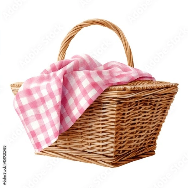 Obraz Rustic picnic basket with pink gingham cloth for outdoor gatherings and relaxation