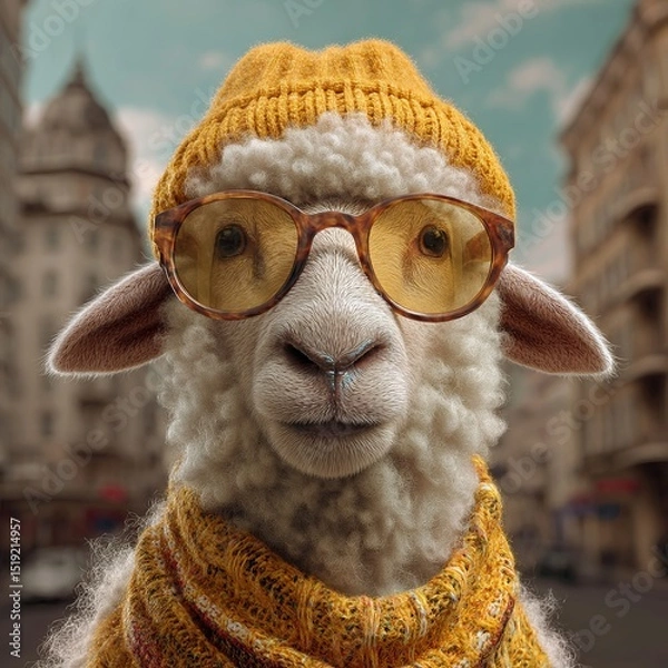 Obraz A sheep wearing a yellow beanie and glasses in a city with a scarf around its neck in the daytime