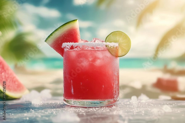 Fototapeta Close-up of a vibrant red watermelon drink served in a glass, evoking freshness and thirst quenching appeal, concept of summer refreshment and seasonal beverage.