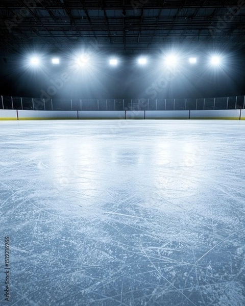 Obraz Ice Hockey Rink Surface Under Dramatic Lighting with Reflections and Clear Skating Marks