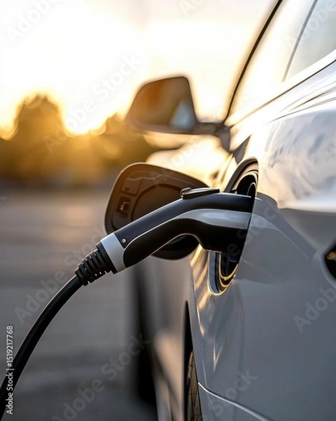 Obraz Electric Car Charging at Sunset: Eco-Friendly Vehicle Power Station for Sustainable Future and Renewable Energy Transition