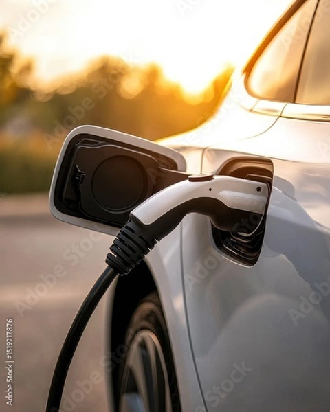 Obraz Close-Up of Electric Vehicle Charging Connector Plugged into Car During Sunset with Soft Bokeh Background