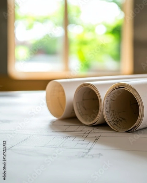 Obraz Architectural Blueprints and Drafts Displayed in Office with Natural Light from Window