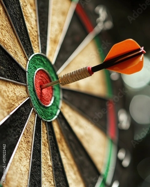 Obraz Close-up of Dart Hitting Bullseye on Dartboard in Indoor Game Setting Showing Precision and Focus