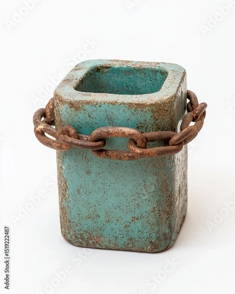 Obraz Weathered Aquamarine Metal Container with Rusted Chain Detail Isolated on White Background for Vintage Industrial Decor