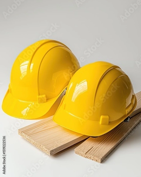Obraz Bright Yellow Safety Helmets on Wooden Planks for Construction Site Use and Occupational Safety Awareness