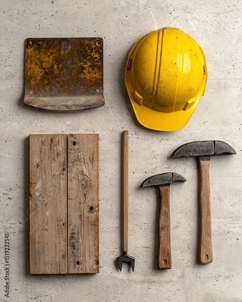 Obraz Yellow Hard Hat, Tools, and Wooden Plank on Concrete Background for Construction and Renovation Themes
