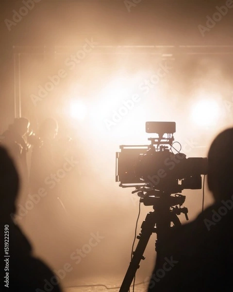 Obraz Studio Scene with Professional Film Camera Surrounded by Fog and Bright Lights Creating an Atmospheric Production Environment