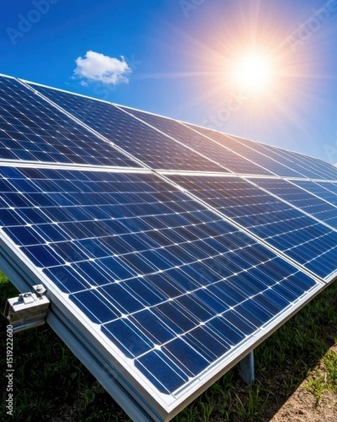 Obraz Bright Sunlight Over Solar Panels in Green Field for Renewable Energy and Sustainable Future