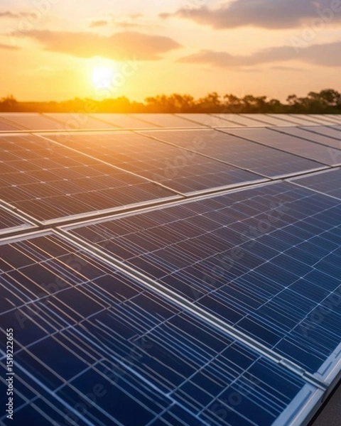 Obraz Beautiful sunset over solar panels reflecting golden light in a serene landscape with clear skies and vibrant colors