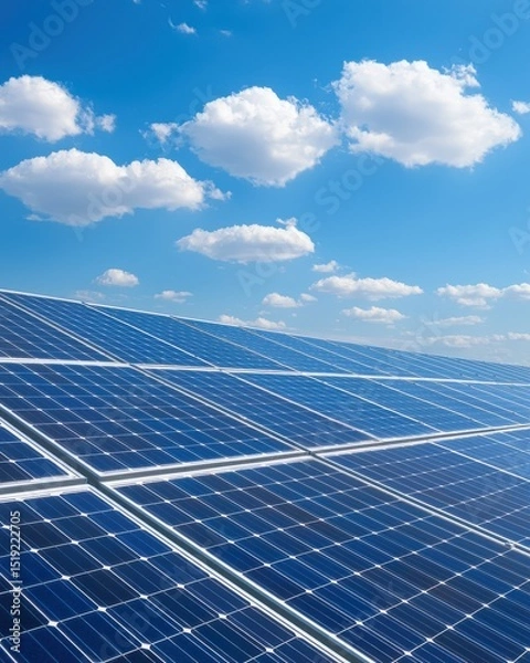 Obraz Blue Solar Panel Array Under Bright Sky with Fluffy Clouds Showcasing Renewable Energy Solutions and Sustainable Practices