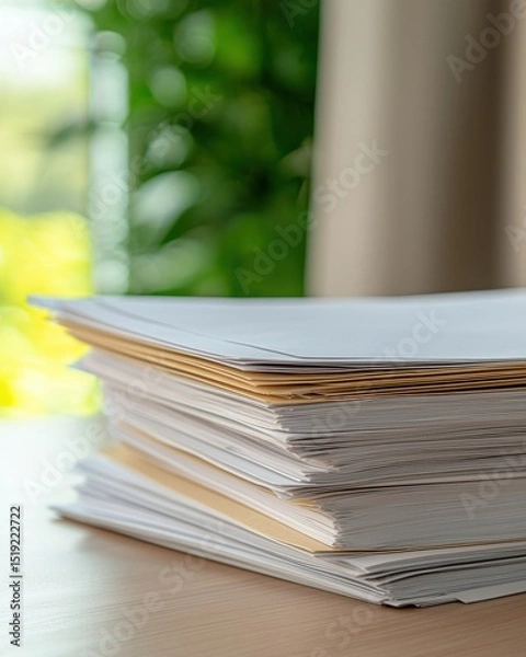 Obraz Stack of Unorganized Papers on a Desk with Soft Natural Light and Green Background in an Office Setting