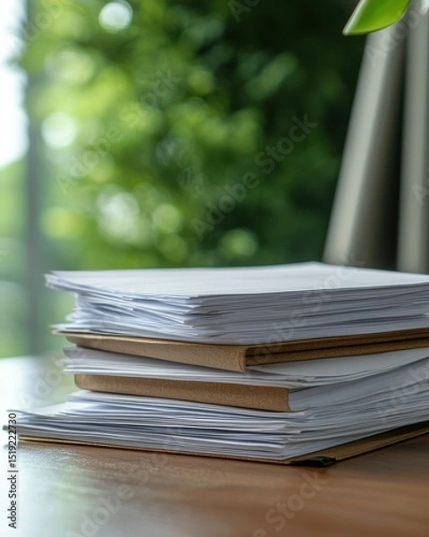 Obraz Neatly Stacked Piles of Blank Paper on a Wooden Table Surrounded by Lush Greenery in Bright Natural Light