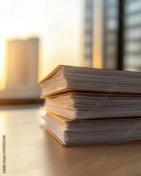 Obraz Stacked white documents on wooden desk with sunset glow and cityscape in background creating a warm atmosphere