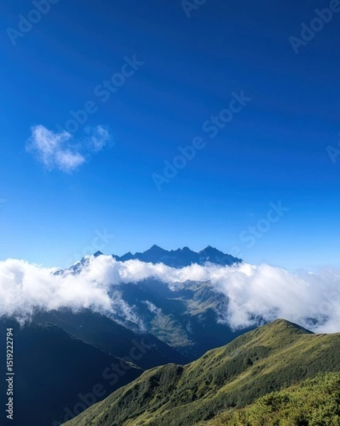 Obraz Majestic Mountain Range Under Clear Blue Sky with Fluffy Clouds in Idyllic Landscape