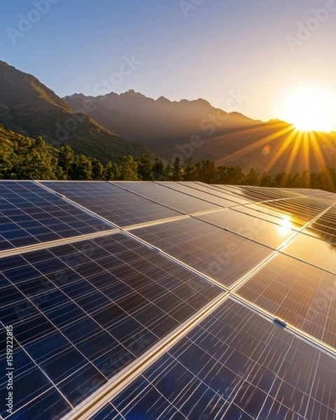 Obraz Stunning Sunrise Over Solar Panels with Majestic Mountains in the Background Showcasing Renewable Energy Solutions
