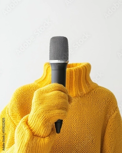 Obraz Person in Yellow Sweater Holding Microphone Against Plain Background for Creative Performance and Music Concept