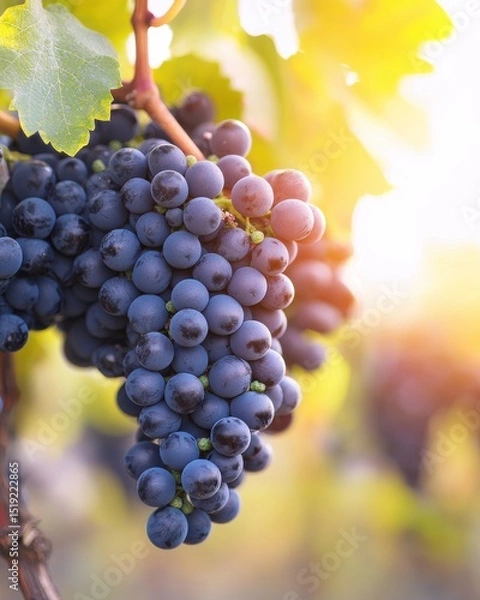 Obraz Fresh Purple Grapes on Vine with Sunlight Glimmering Through Green Leaves in Vineyard Setting