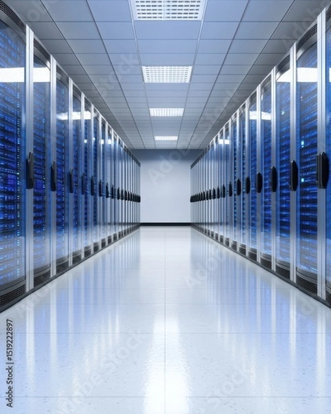 Obraz Modern Data Center Interior with Rows of Server Racks and LED Lighting