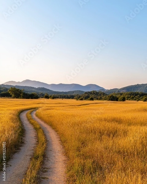 Obraz Serene Dirt Path Through Golden Grassland Under Clear Blue Sky with Majestic Mountains in Background
