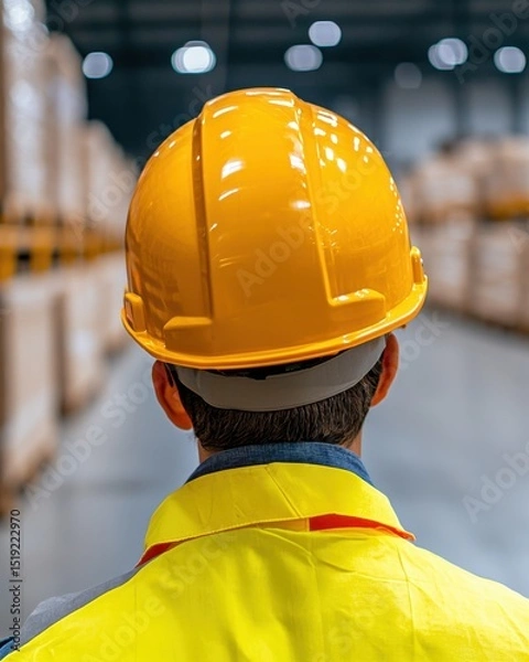 Obraz Worker in Yellow Safety Helmet Looking at Warehouse Shelves Filled with Boxes in Industrial Setting