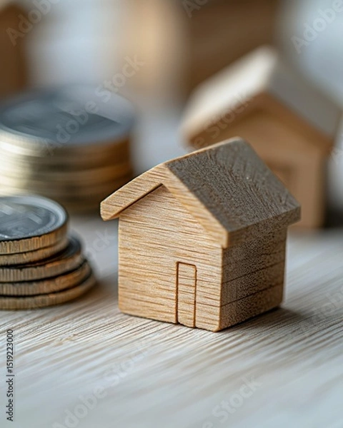 Obraz Wooden house model with coins on table representing finance and real estate investment concept
