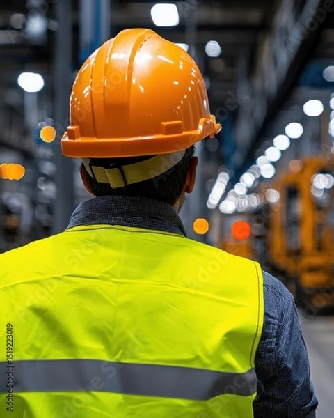 Obraz Construction Worker in Bright Safety Vest and Hard Hat Observing Industrial Warehouse Operations with Focus and Commitment