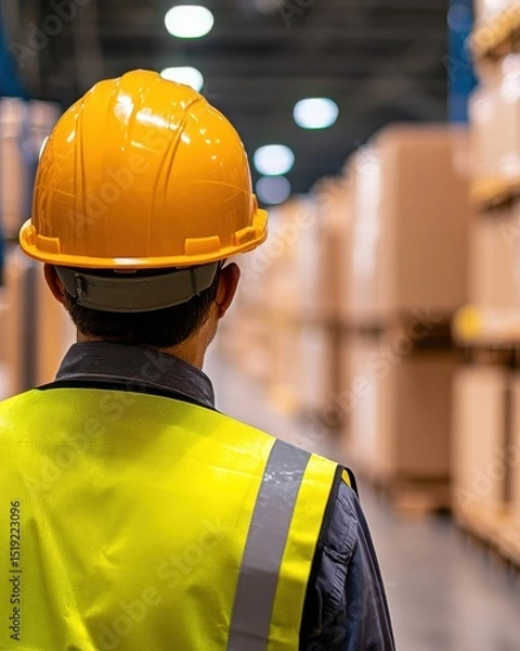 Obraz Worker in Safety Vest and Helmet Observing Warehouse Operations from Aisle with Stacked Boxes in Background