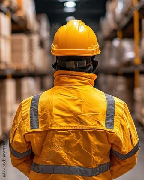 Obraz Safety Worker in Yellow Jacket and Helmet Observing Stock in Warehouse Aisle