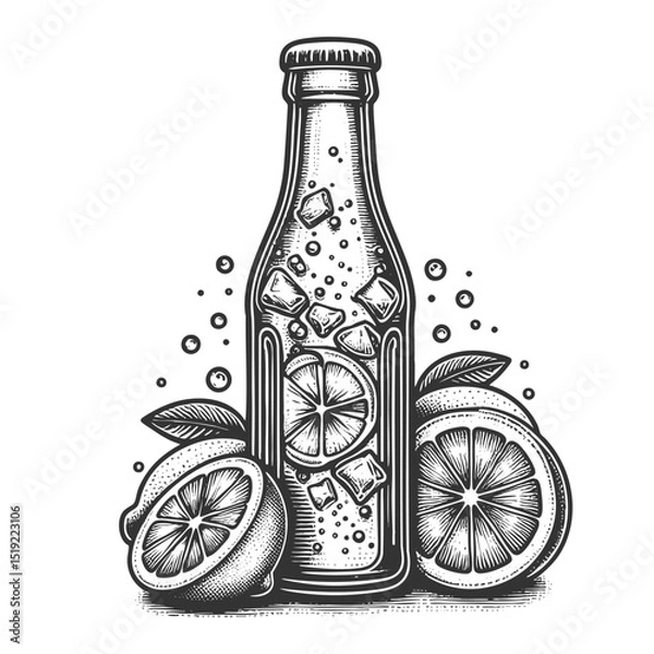 Fototapeta soda bottle surrounded by lemon slices and fizzy bubbles, evoking refreshing summer drink vibes sketch engraving generative ai vector illustration. Scratch board imitation. Black and white image.