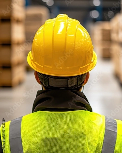 Obraz Construction Worker Wearing Yellow Hard Hat and Reflective Vest in Warehouse Environment