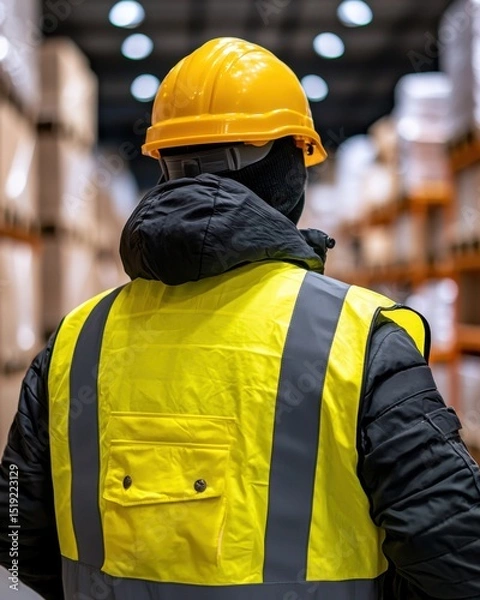 Obraz Industrial Worker in Yellow Safety Vest and Helmet Inside Warehouse with Stacked Boxes