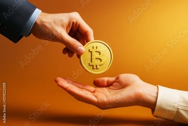 Fototapeta Two hands exchanging a golden Bitcoin token symbolizing cryptocurrency transaction on orange background in business concept style. Ai generative.