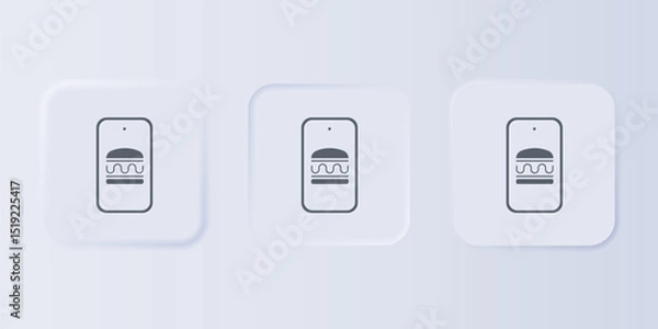 Fototapeta Grey Online ordering and fast food delivery icon isolated on grey background. Burger sign. Set icons in square buttons. Vector