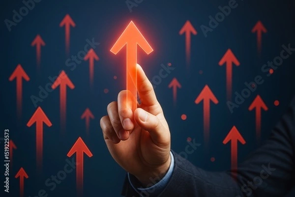 Fototapeta Businessman touching glowing red upward arrow symbolizing growth and success on dark background with multiple arrows around. Ai generative.