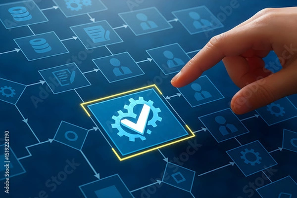 Fototapeta a finger touches a screen showing a workflow diagram for process automation