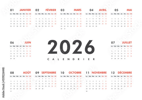 Obraz 2026 calendar modern classic on French language. Week starts on Monday. Desk or wall A4 horizontal calendar in minimalist style