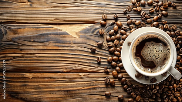 Fototapeta A cup of coffee is surrounded by scattered coffee beans on a textured wooden surface. The image is likely for a stock photo website.