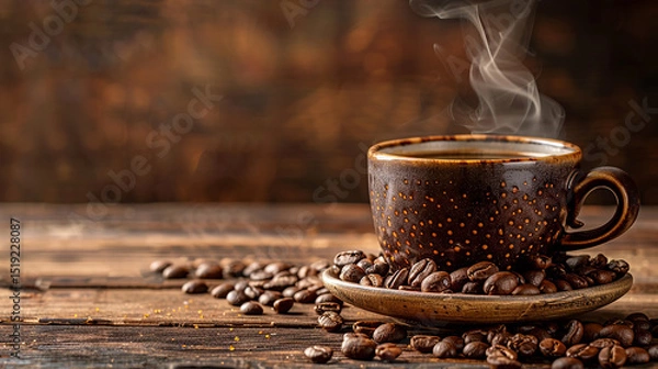 Fototapeta Steaming coffee in a brown speckled mug sits on a saucer of coffee beans atop a wooden surface. The image is used in context of submitting files to Adobe Stock.