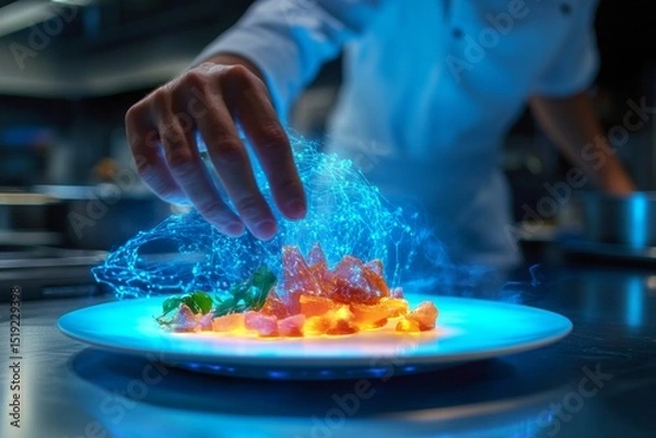 Fototapeta A chef is preparing a dish with a blue background