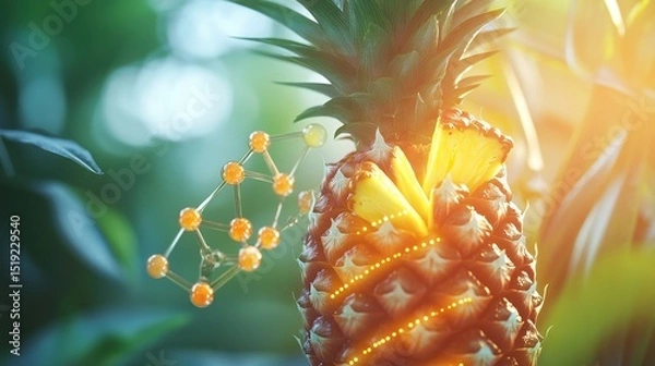 Obraz pineapple juice with digestive enzymes highlighted, including bromelain molecule and stomach graphics