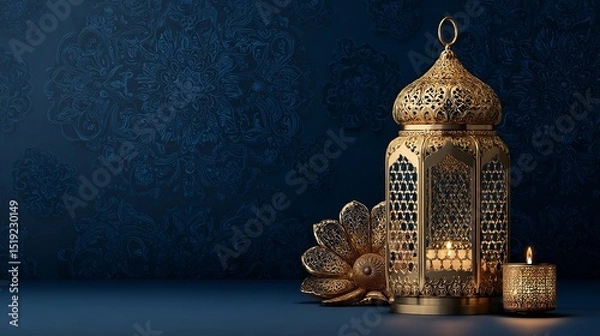 Obraz Ornate golden lantern and candle with intricate designs on a dark blue textured background display
