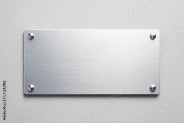 Fototapeta Blank brushed metal nameplate on light wall background with screws at corners for mockup, branding, or signage concept design template.